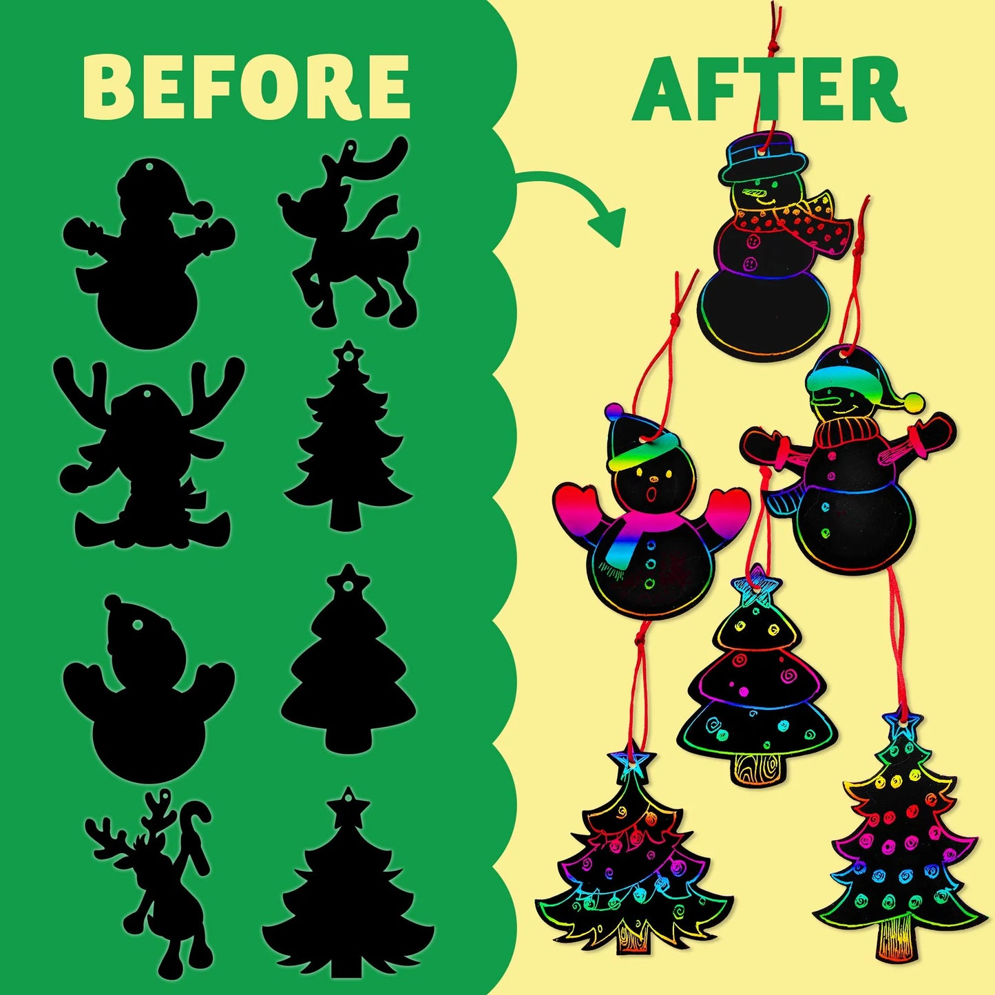 Syncfun 72 Pcs Christmas Scratch Art Ornaments, Rainbow Color Scratch Paper Craft Kit Scratch Off Hanging Ornament for Kids Christmas Party Favor