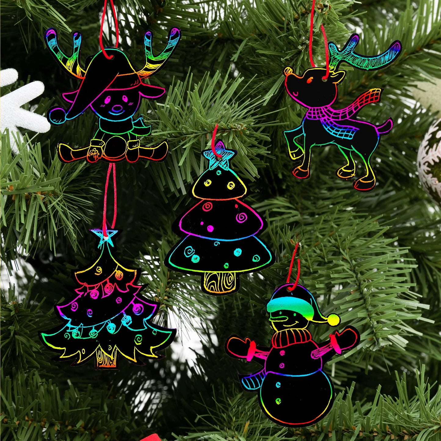 Syncfun 72 Pcs Christmas Scratch Art Ornaments, Rainbow Color Scratch Paper Craft Kit Scratch Off Hanging Ornament for Kids Christmas Party Favor