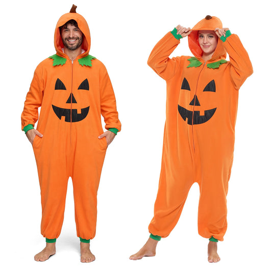 Joyfy Unisex Adult Pajamas, Pumpkin Hooded Bodysuit, Zippered Hooded Pajamas, Perfect for Halloween Role Play Costumes