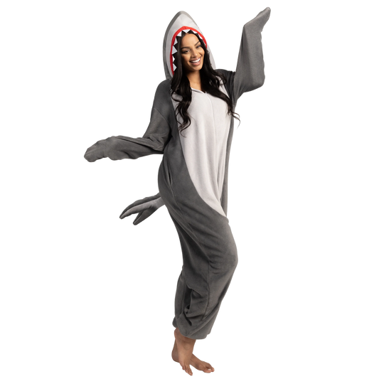 Joyfy Adult Halloween Grey Shark Hooded Pajamas, Unisex Zippered One-Piece Pajamas, Perfect for Halloween Role-Play Themed Parties