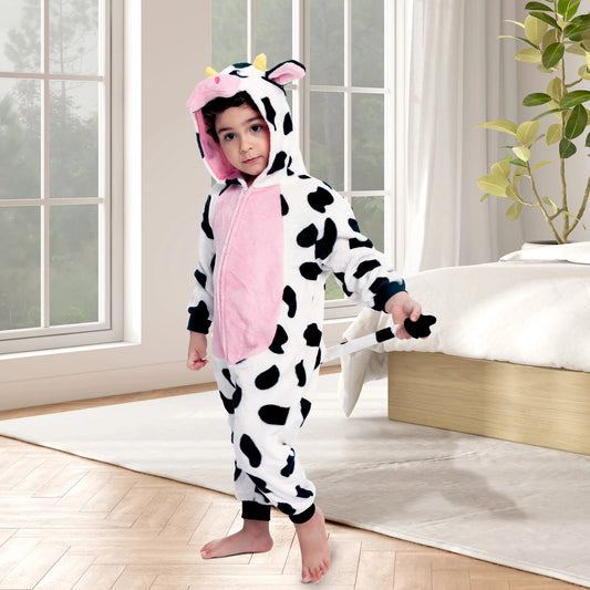 Syncfun Baby Animal Costume Cow Pajama jumpsuit Plush Hooded Romper Toddler Animal pajamas for Halloween Party Dress Up Role Play 1-4 Years