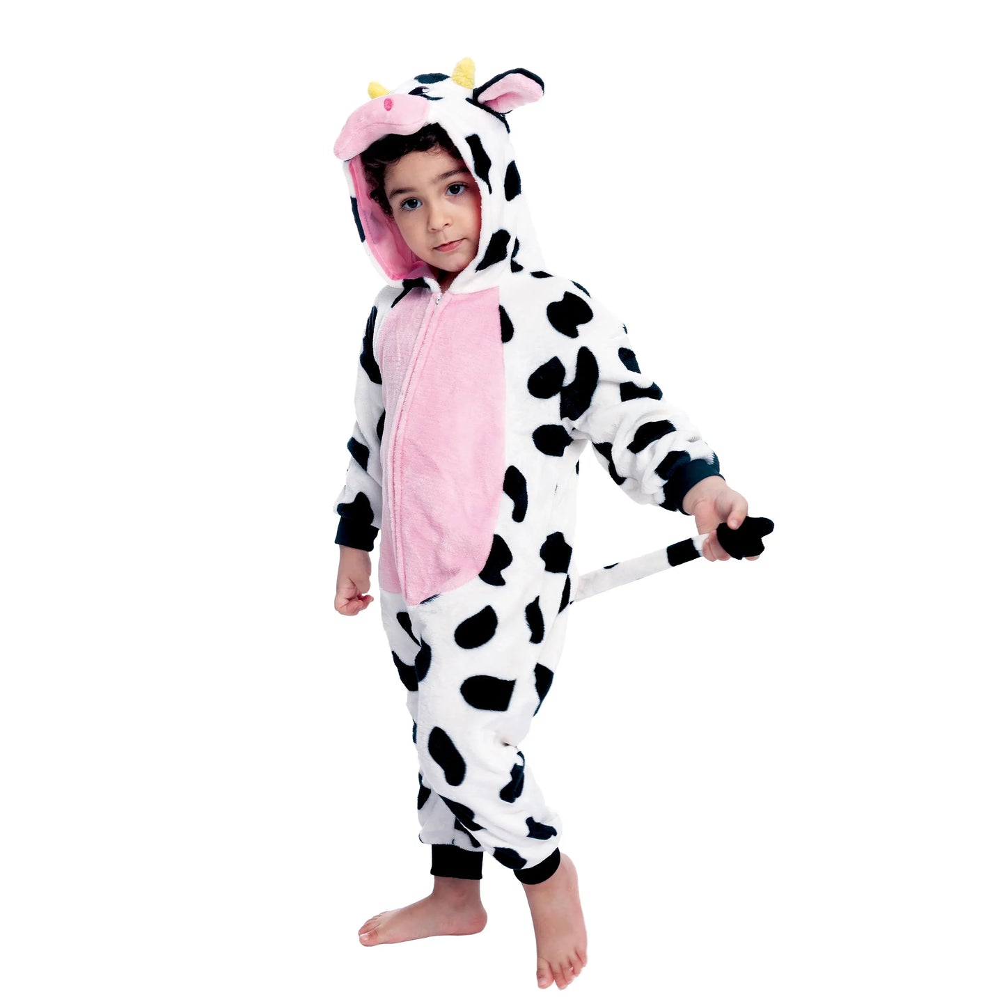 Syncfun Baby Animal Costume Cow Pajama jumpsuit Plush Hooded Romper Toddler Animal pajamas for Halloween Party Dress Up Role Play 1-4 Years