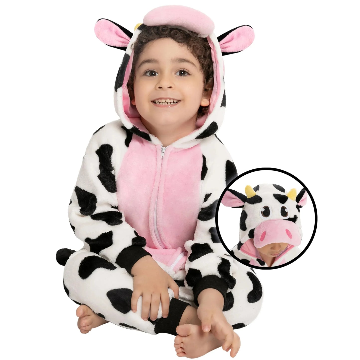 Syncfun Baby Animal Costume Cow Pajama jumpsuit Plush Hooded Romper Toddler Animal pajamas for Halloween Party Dress Up Role Play 1-4 Years