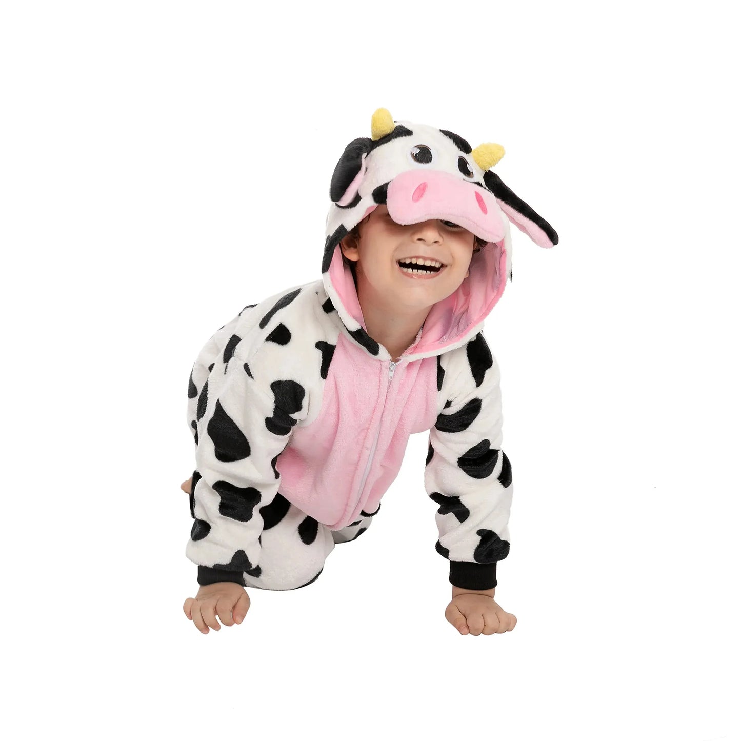 Syncfun Baby Animal Costume Cow Pajama jumpsuit Plush Hooded Romper Toddler Animal pajamas for Halloween Party Dress Up Role Play 1-4 Years