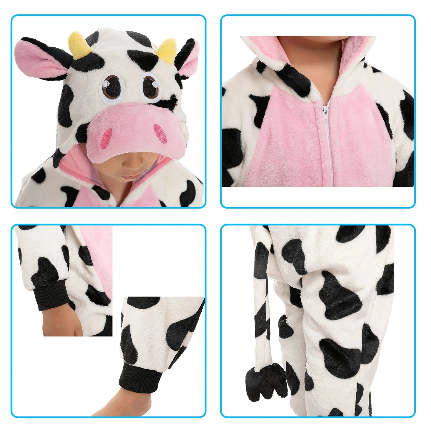 Syncfun Baby Animal Costume Cow Pajama jumpsuit Plush Hooded Romper Toddler Animal pajamas for Halloween Party Dress Up Role Play 1-4 Years