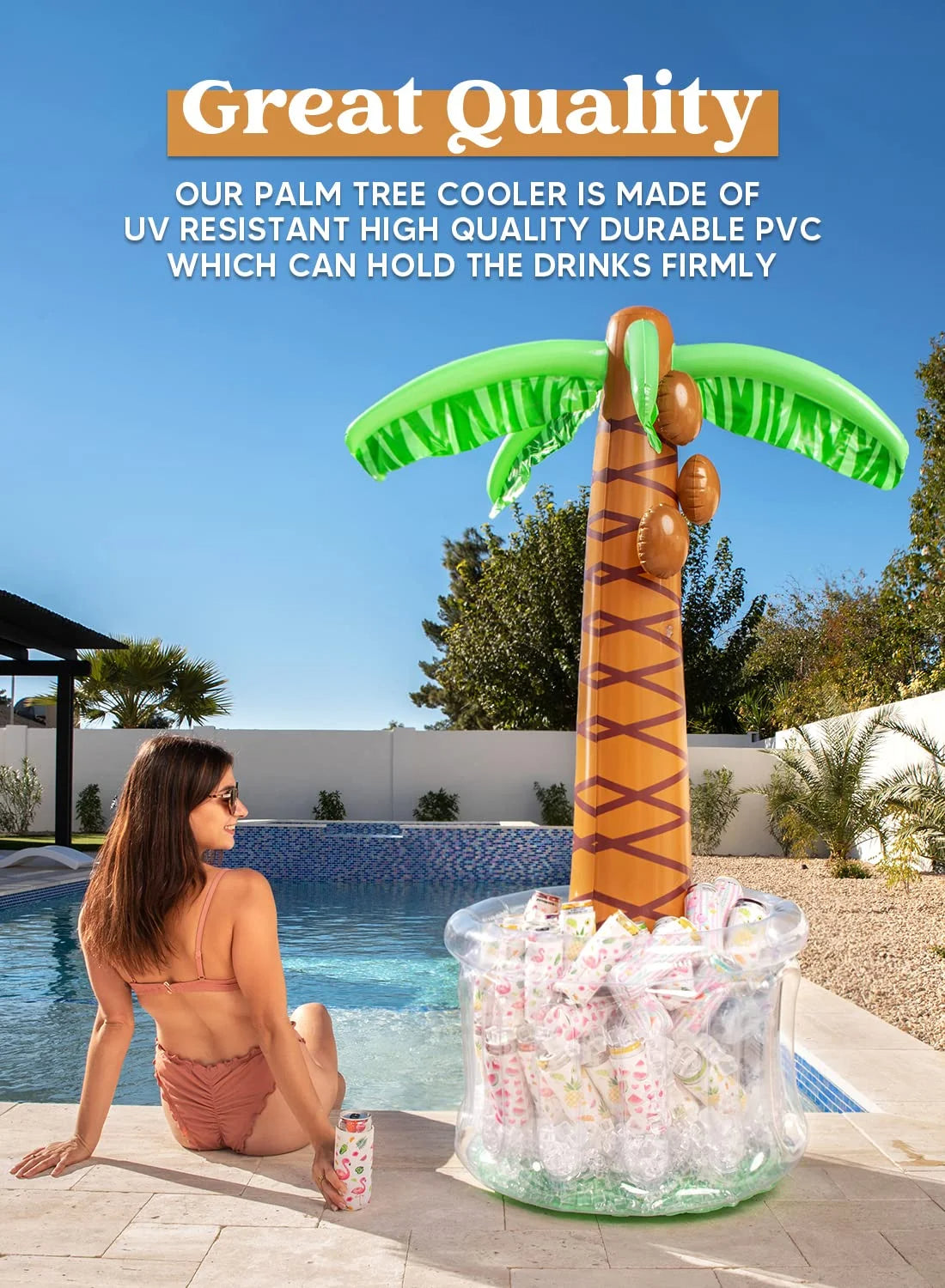 Inflatable Palm Tree Ice Chest Cooler with Drink Holder, Green