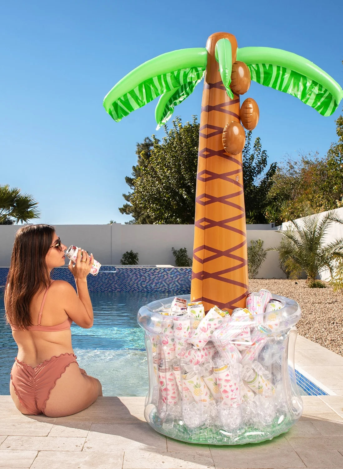 Inflatable Palm Tree Ice Chest Cooler with Drink Holder, Green