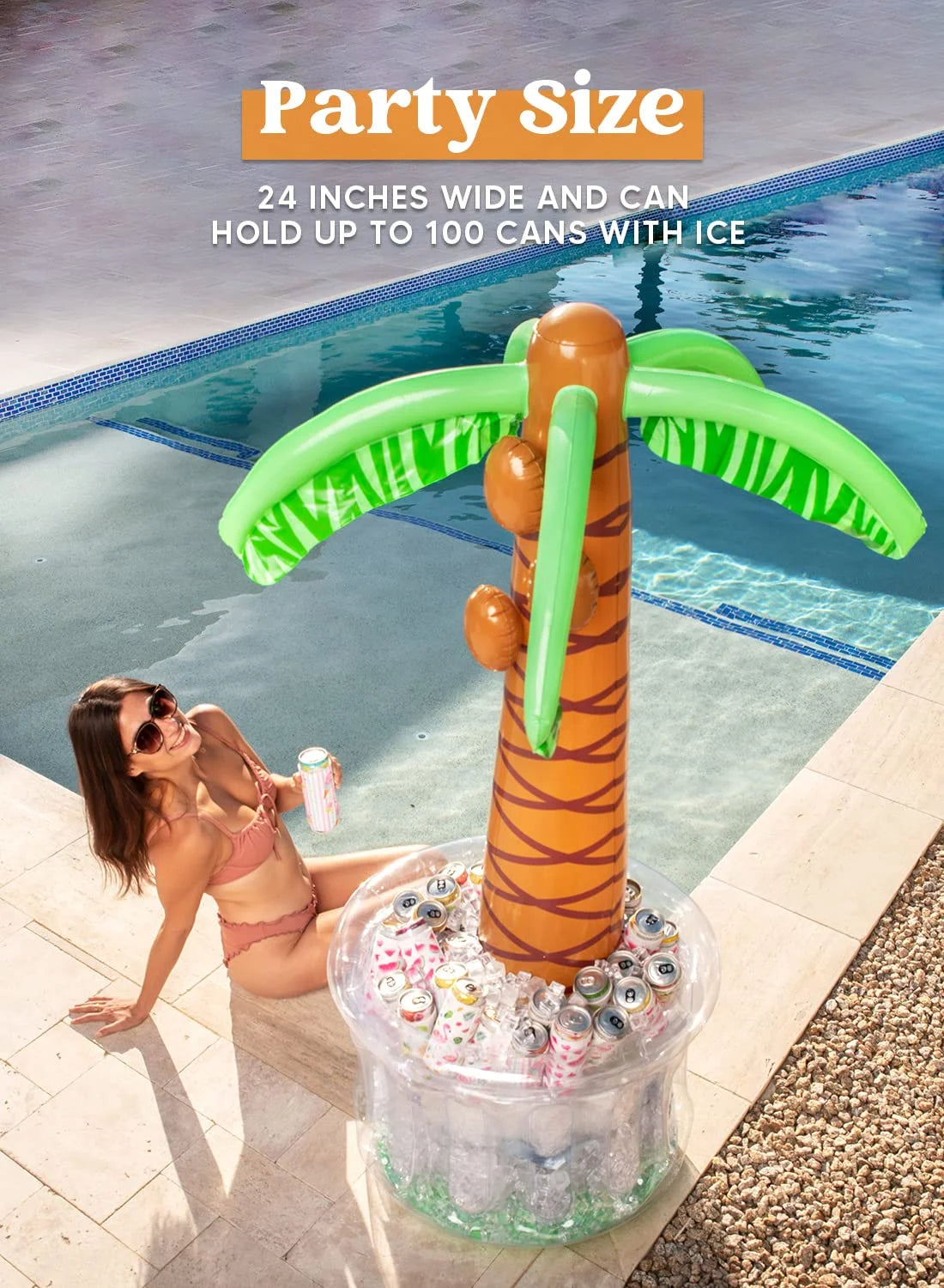 Inflatable Palm Tree Ice Chest Cooler with Drink Holder, Green