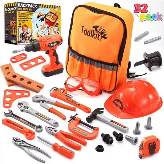 Syncfun 32Pcs Kids Tool Set, Construction Pretend Play with Backpack Costume & Electronic Drill Toy for Boy & Girl Birthday Dress Up Party