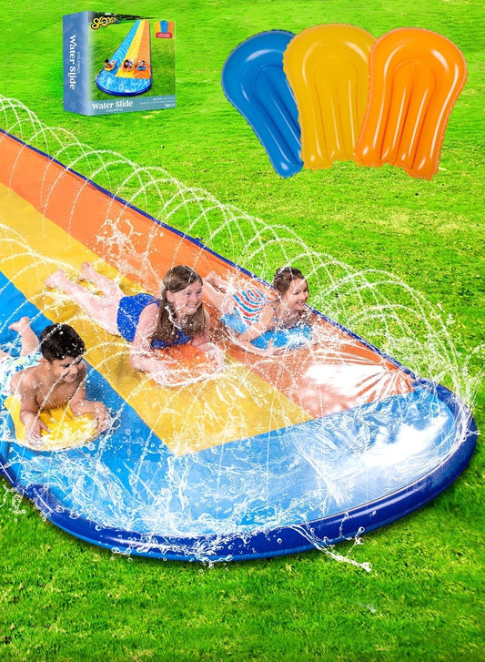 22.5ft Triple Water Slide and 3 Inflatable Boards, Backyard Summer Lawn Water Slides Waterslides and Sprinkler Water Toys for Kids Adults Outdoor Fun