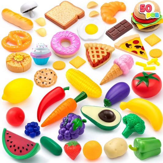 Syncfun 50 Pcs Kids Play Food Toys, Pretend Play Kitchen Playset with Fake Food for Kids Toddlers, Easter Birthday Gifts Party Supplies