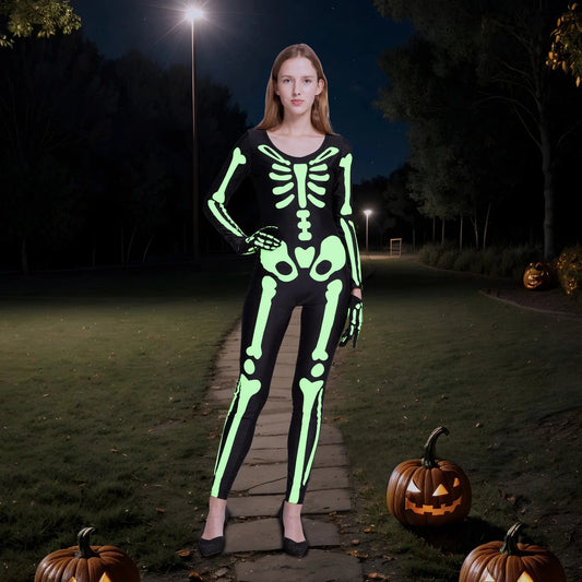 Syncfun Skeleton Bodysuit for Women Halloween with Glow Patterns and Matching Skeleton Gloves