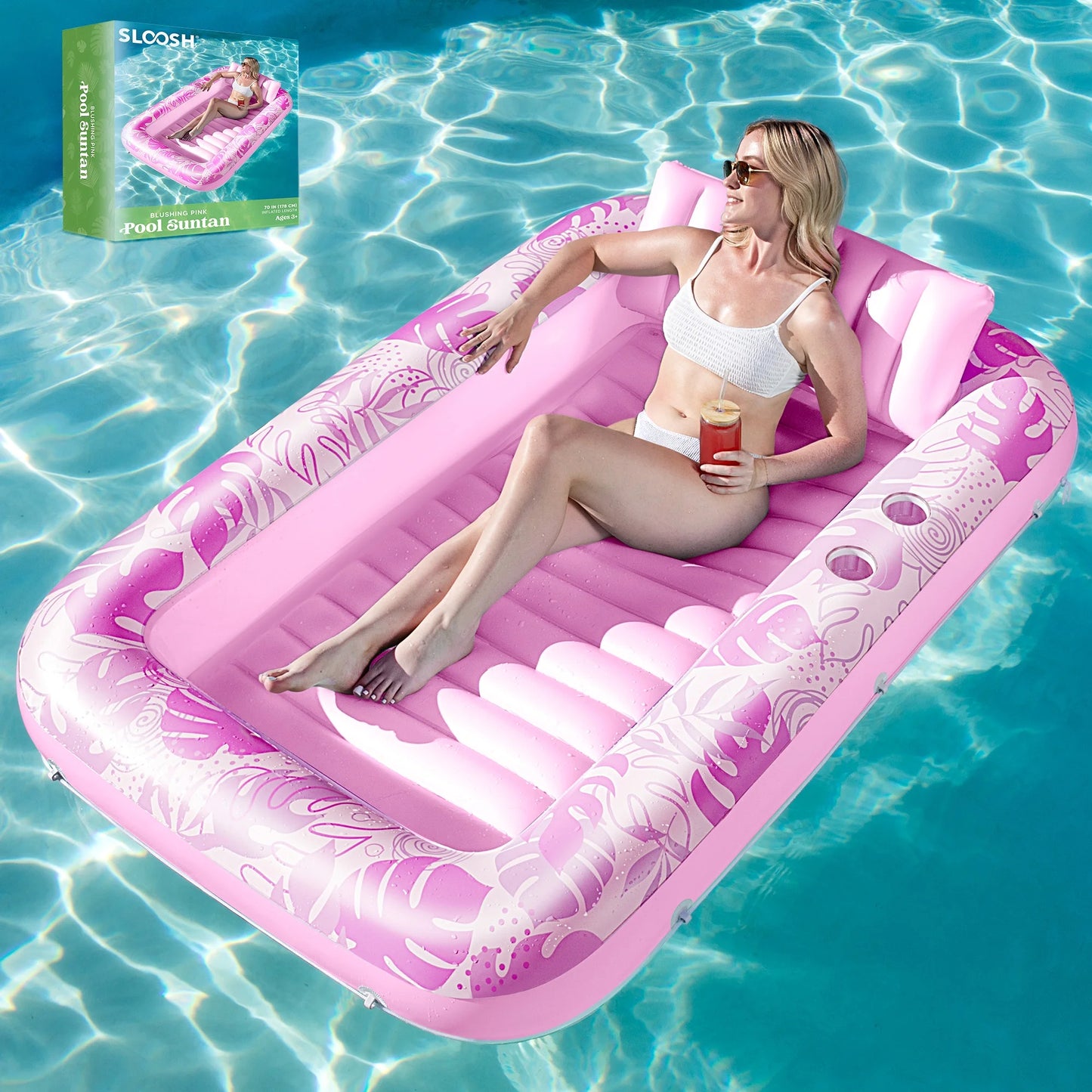 Inflatable Tanning Pool Lounger Float, 70" x 46" Large Suntan Tub with Pillow, Water Raft Floatie For Kids & Adults, L-Blushing Pink