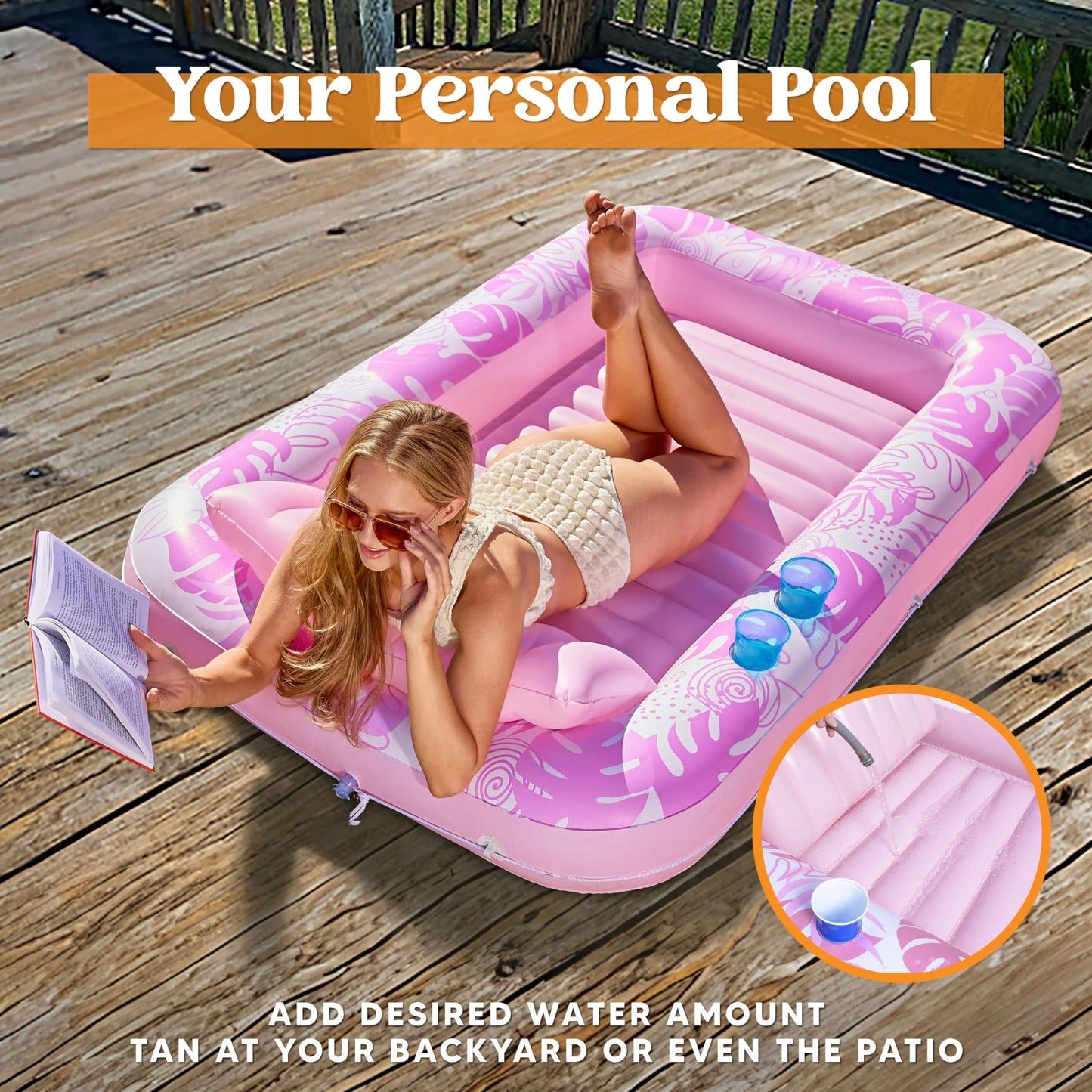 Inflatable Tanning Pool Lounger Float, 70" x 46" Large Suntan Tub with Pillow, Water Raft Floatie For Kids & Adults, L-Blushing Pink