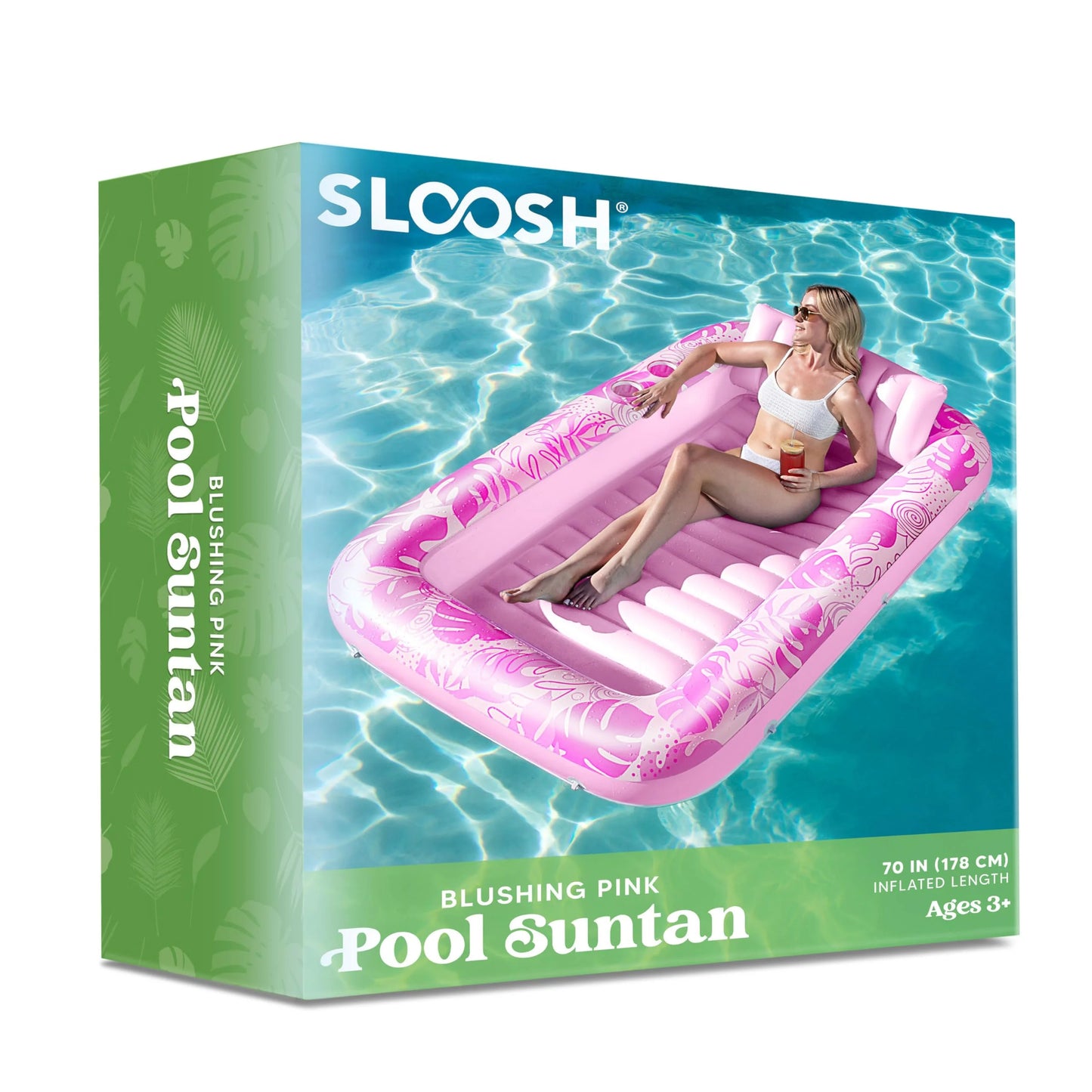 Inflatable Tanning Pool Lounger Float, 70" x 46" Large Suntan Tub with Pillow, Water Raft Floatie For Kids & Adults, L-Blushing Pink