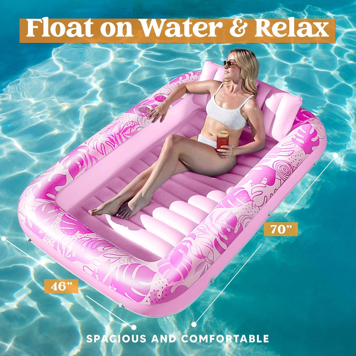 Inflatable Tanning Pool Lounger Float, 70" x 46" Large Suntan Tub with Pillow, Water Raft Floatie For Kids & Adults, L-Blushing Pink
