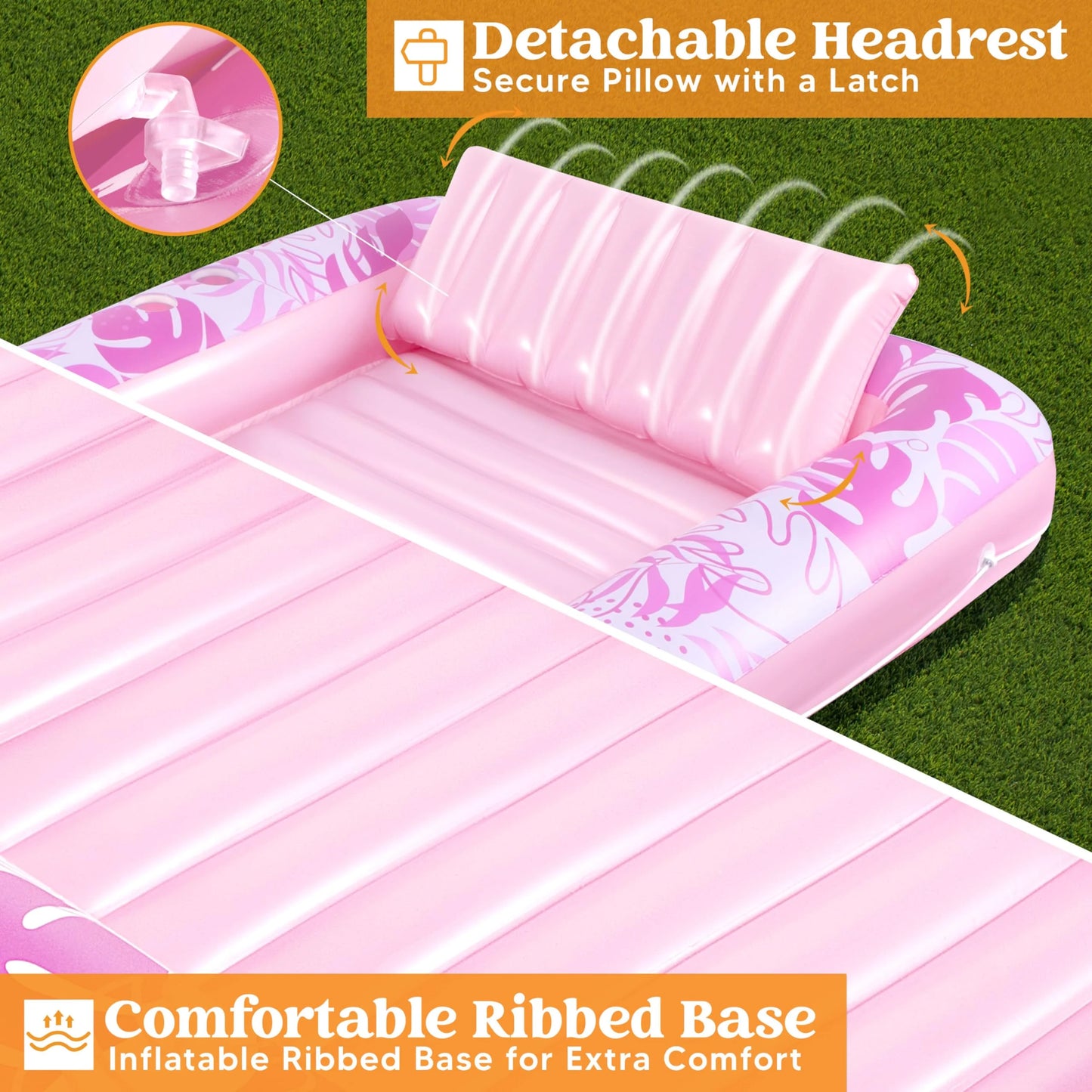 Inflatable Tanning Pool Lounger Float, 70" x 46" Large Suntan Tub with Pillow, Water Raft Floatie For Kids & Adults, L-Blushing Pink