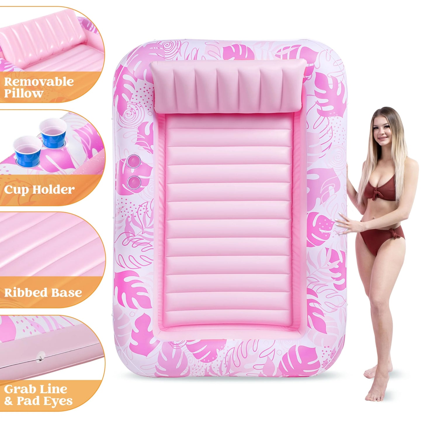 Inflatable Tanning Pool Lounger Float, 70" x 46" Large Suntan Tub with Pillow, Water Raft Floatie For Kids & Adults, L-Blushing Pink