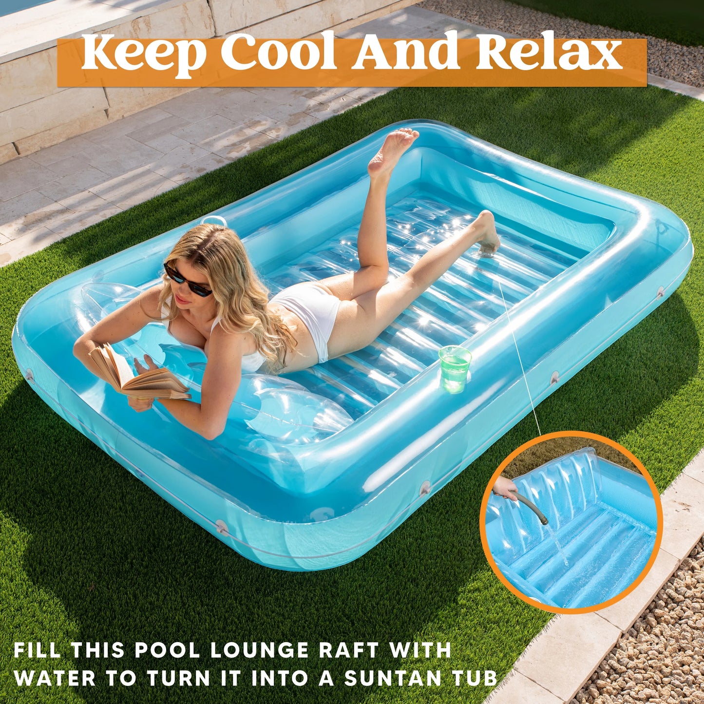 Inflatable Tanning Pool Lounge Float, 85" x 57" Extra Large Sun Tan Tub Adult Floats Raft for Sunbathing Suntan Blow up Lounger Bed Floatie Adults,XL-Blue