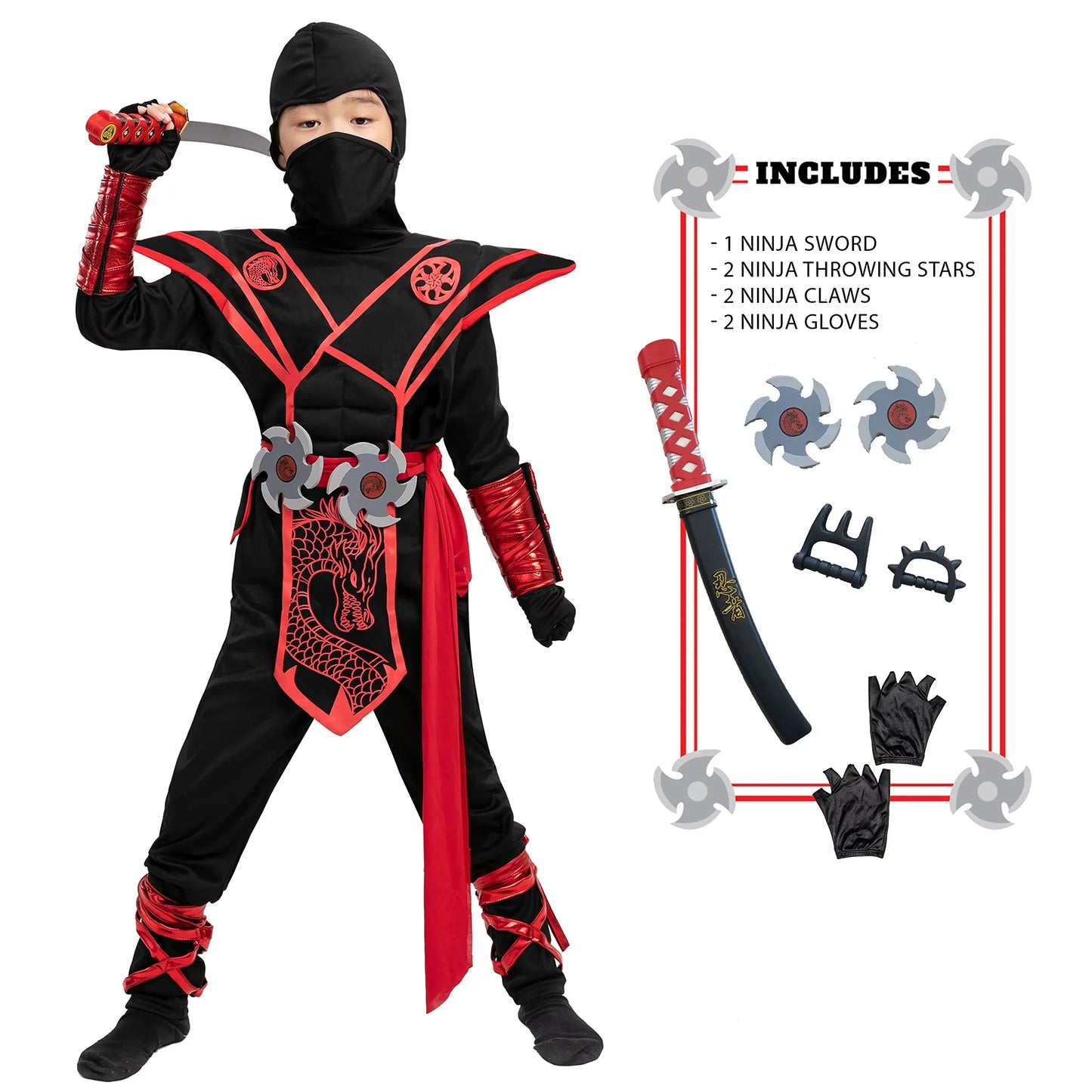 Syncfun Red Ninja Costume for Kids Halloween Dress Up Party Outfit Set, L