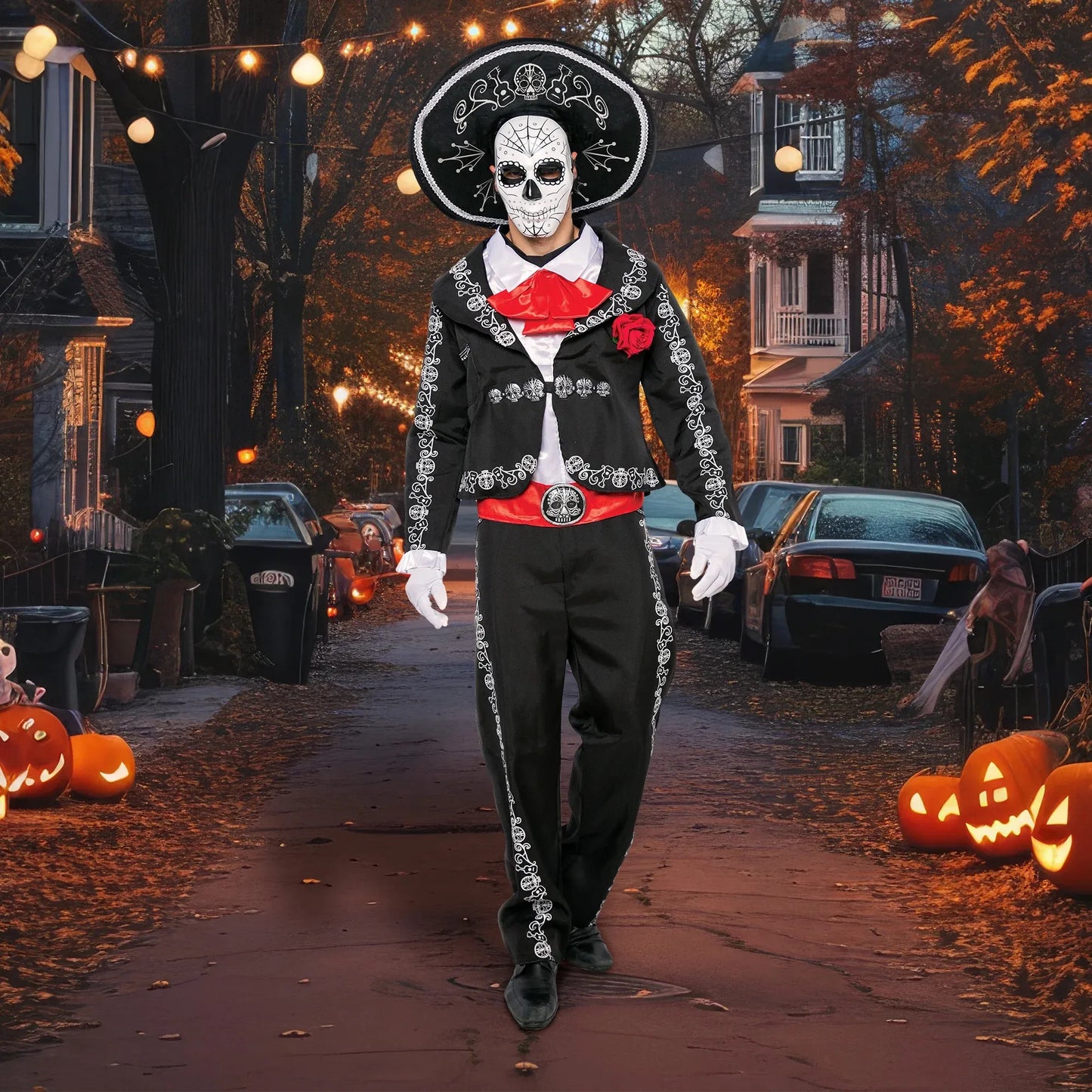 Syncfun Men Day of The Dead Mariachi Senor Costume Set, Dia Muertos Halloween Costume for Adult Dress Up Party