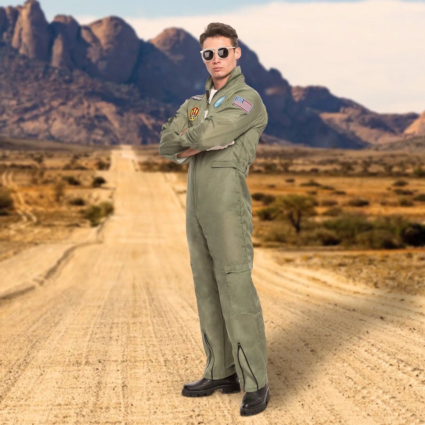 Syncfun Flight Pilot Costume for Adults Pilots Uniform Costume Movie Icon Green Jumpsuit for Men Halloween Party Fancy Dress Up Cosplay