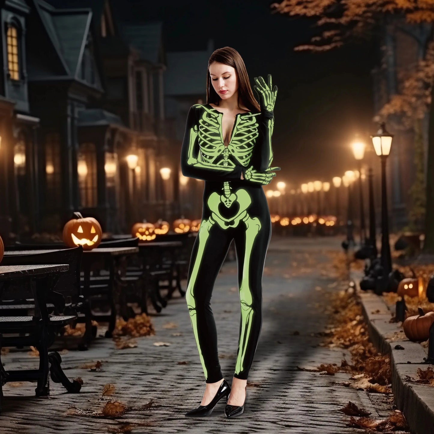 Syncfun Glow in the Dark Skeleton Costume for Adults Women Halloween Dress Up Party Role Playing Cosplay