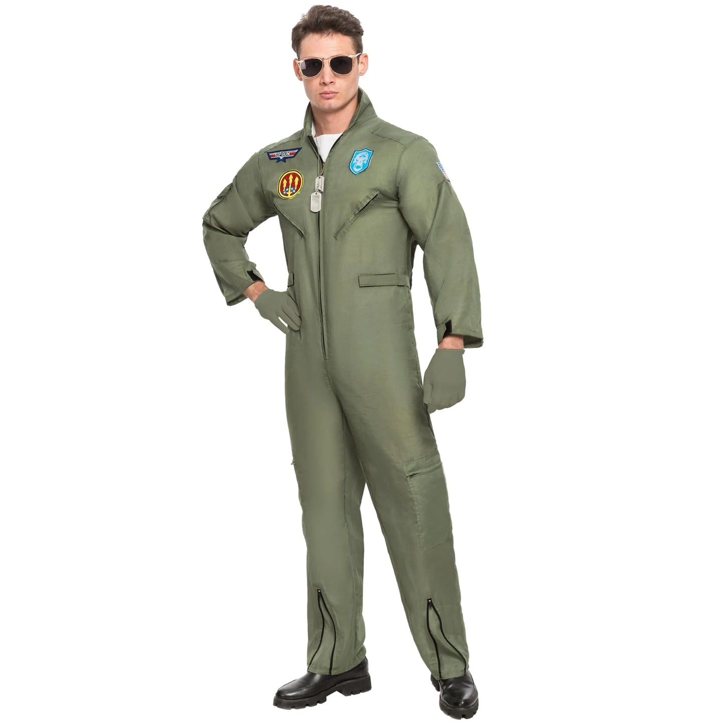 Syncfun Flight Pilot Costume for Adults Pilots Uniform Costume Movie Icon Green Jumpsuit for Men Halloween Party Fancy Dress Up Cosplay