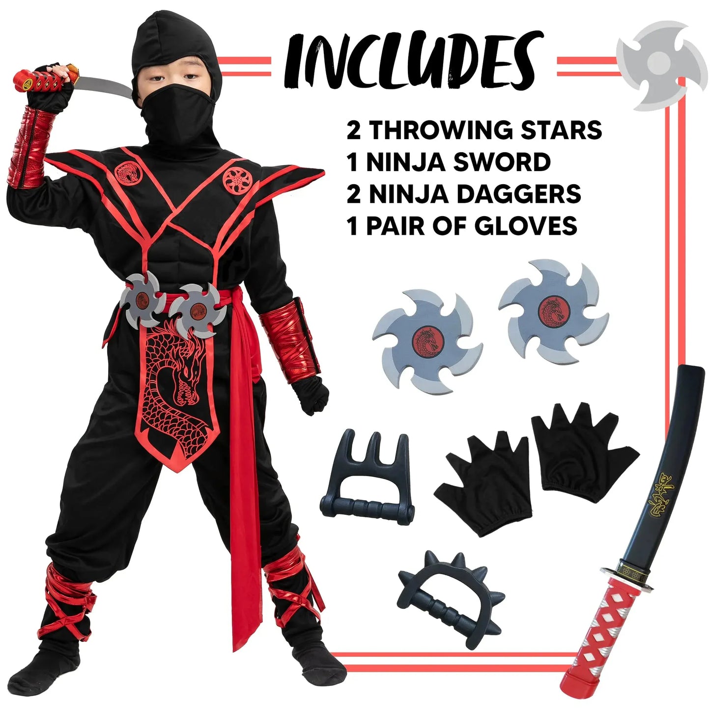 Syncfun Red Ninja Costume for Kids Halloween Dress Up Party Outfit Set, L