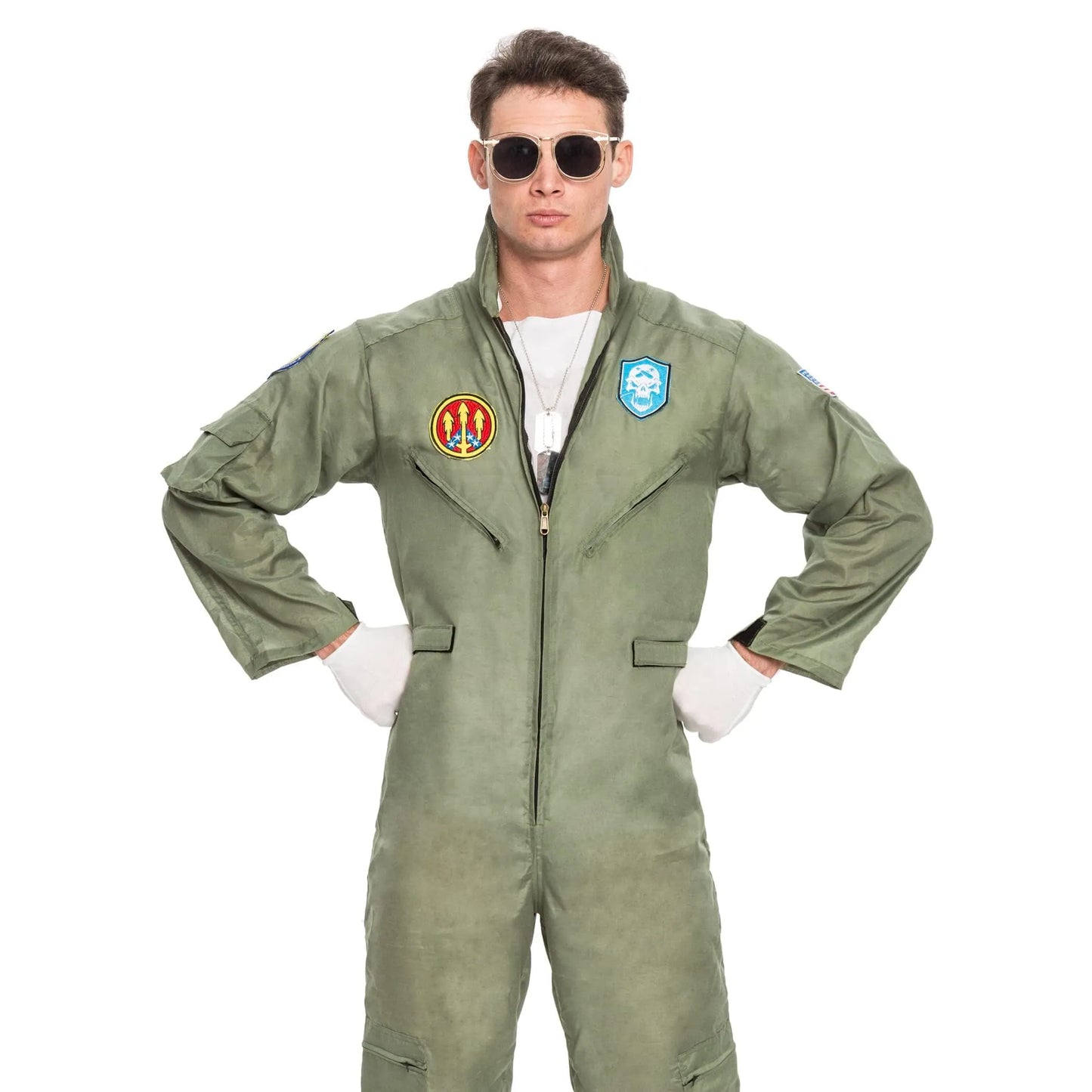 Syncfun Flight Pilot Costume for Adults Pilots Uniform Costume Movie Icon Green Jumpsuit for Men Halloween Party Fancy Dress Up Cosplay