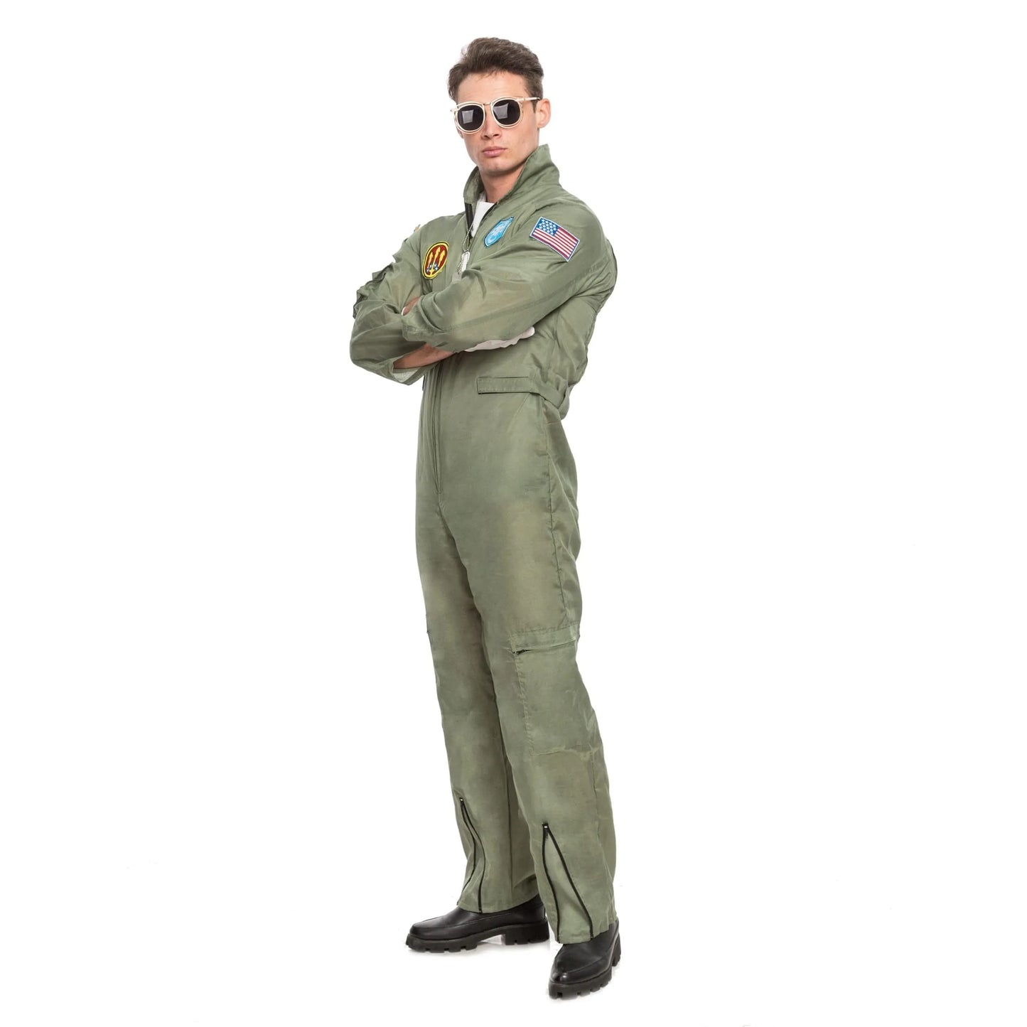 Syncfun Flight Pilot Costume for Adults Pilots Uniform Costume Movie Icon Green Jumpsuit for Men Halloween Party Fancy Dress Up Cosplay