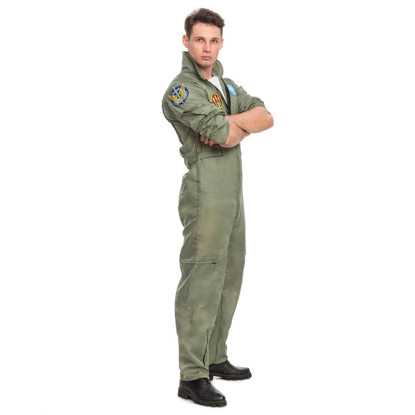 Syncfun Flight Pilot Costume for Adults Pilots Uniform Costume Movie Icon Green Jumpsuit for Men Halloween Party Fancy Dress Up Cosplay