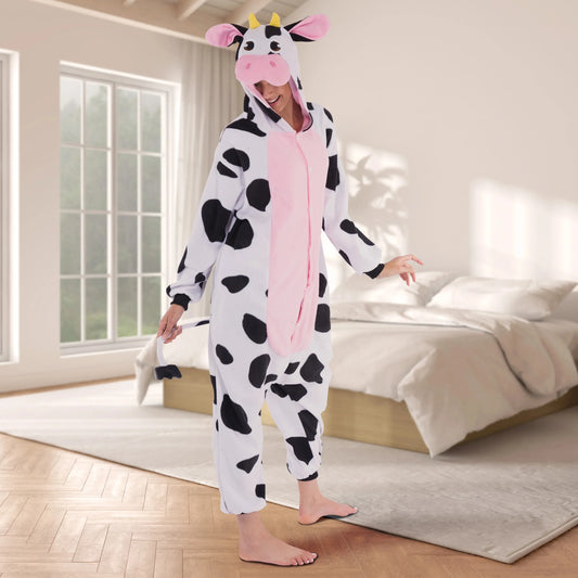 Syncfun Adult Pajamas Plush jumpsuit One Piece Cow Costume for Halloween Party Dress Up