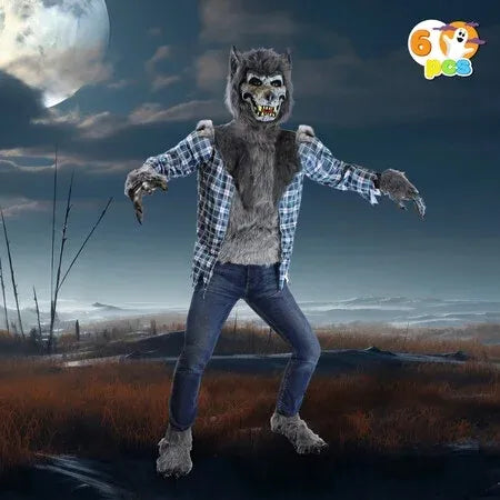 Syncfun Boys Howling Werewolf Deluxe Costume Set with Mask, Werewolf Claws Gloves, Boot Covers, Wolf Costume for Kids