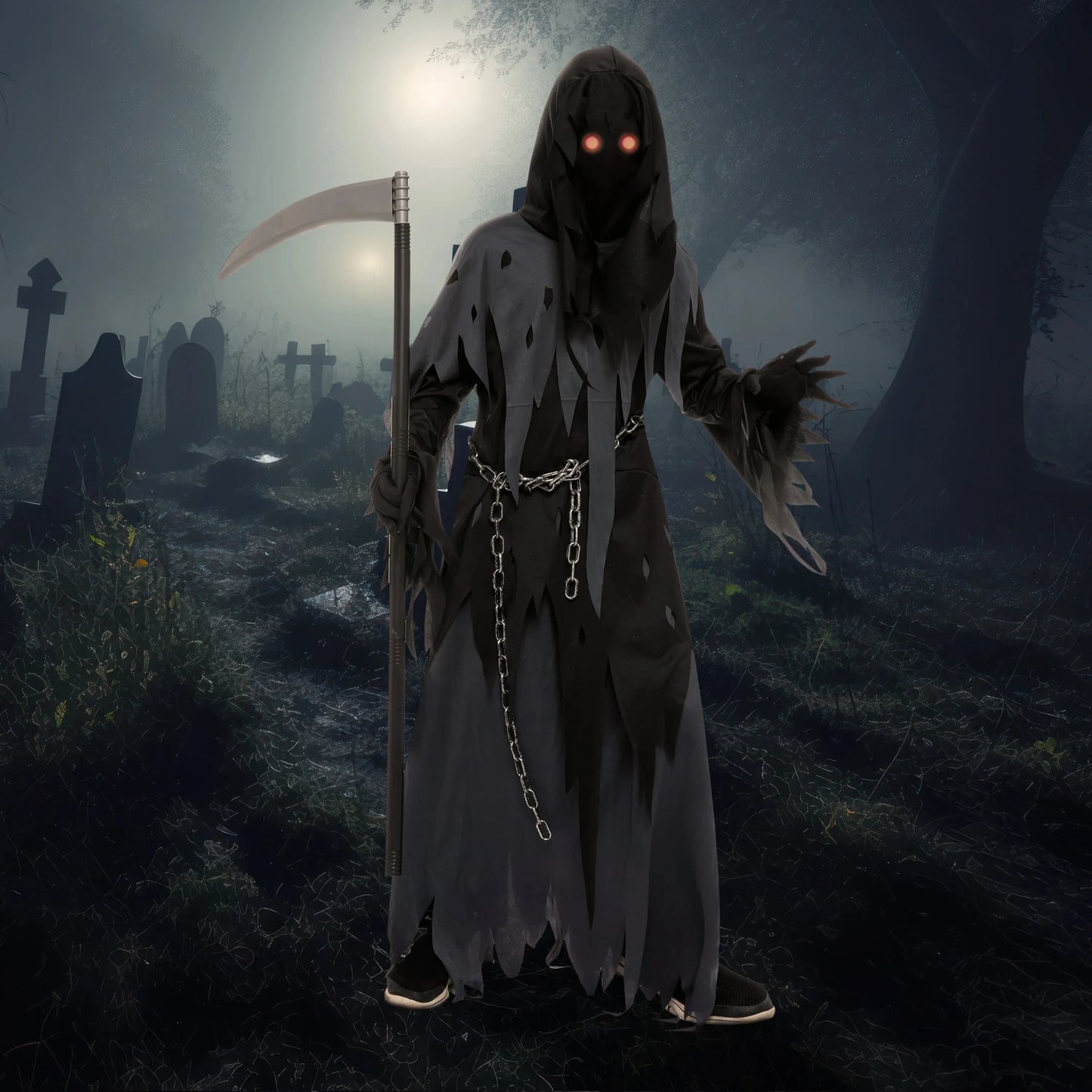 Syncfun Glowing Eyes Grim Reaper Costume for Kids, Dark Knight Reaper Phantom Costume for Halloween Dress Up Role Playing Cosplay 5-12 Years