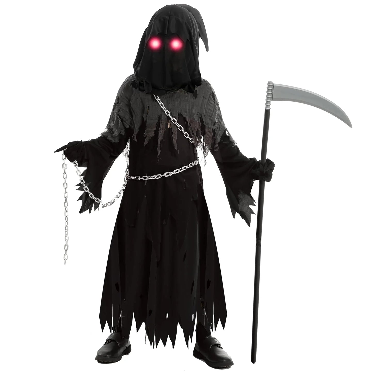 Syncfun Child Glowing Eyes Grim Reaper Costume, Phantom Costume for Kids Halloween Fancy Dress Up 5-12 Years