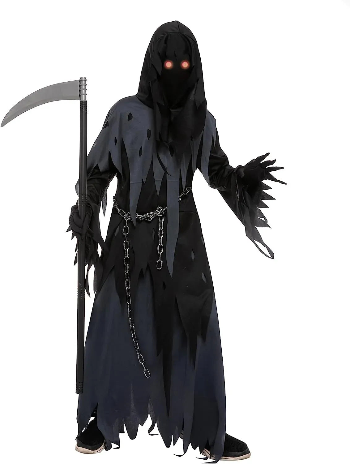 Syncfun Glowing Eyes Grim Reaper Costume for Kids, Dark Knight Reaper Phantom Costume for Halloween Dress Up Role Playing Cosplay 5-12 Years