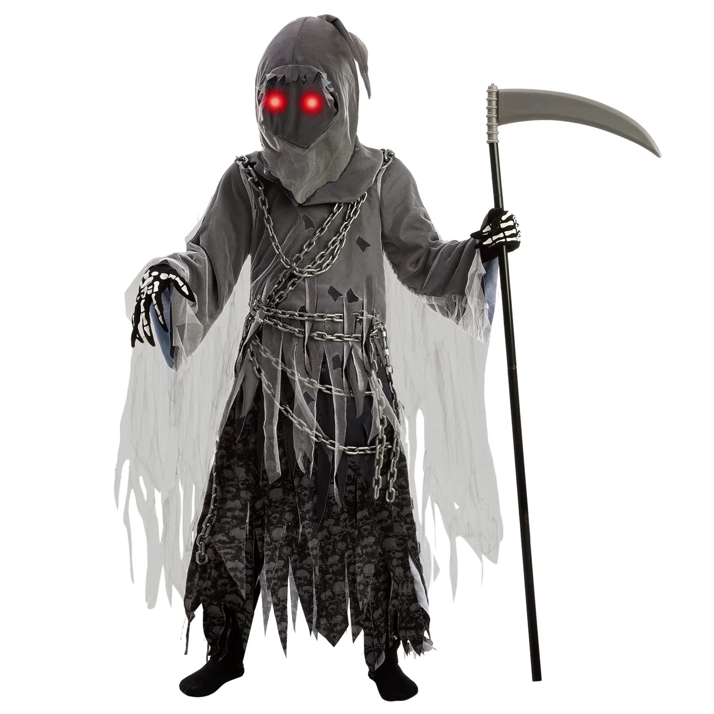 Syncfun Grim Reaper Costume for Kids, Halloween Costume with Glowing Red Eyes for Child Halloween Party Dress Up 8-14 Years