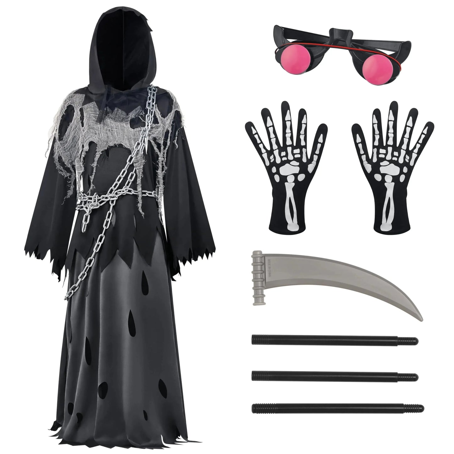 Syncfun Child Glowing Eyes Grim Reaper Costume, Phantom Costume for Kids Halloween Fancy Dress Up 5-12 Years