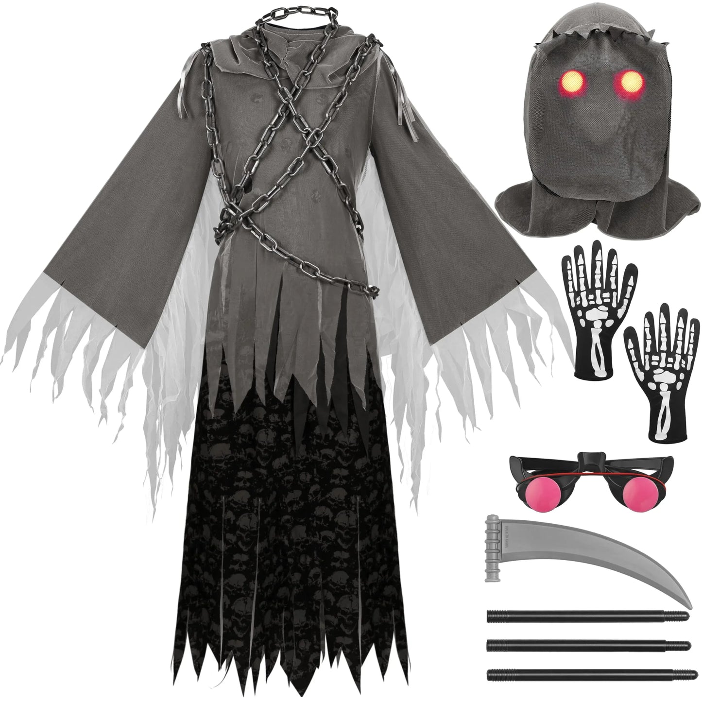 Syncfun Grim Reaper Costume for Kids, Halloween Costume with Glowing Red Eyes for Child Halloween Party Dress Up 8-14 Years