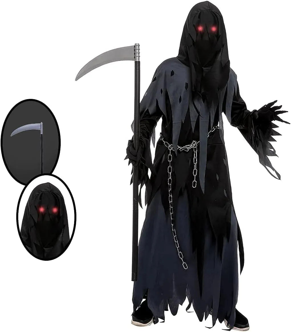 Syncfun Glowing Eyes Grim Reaper Costume for Kids, Dark Knight Reaper Phantom Costume for Halloween Dress Up Role Playing Cosplay 5-12 Years