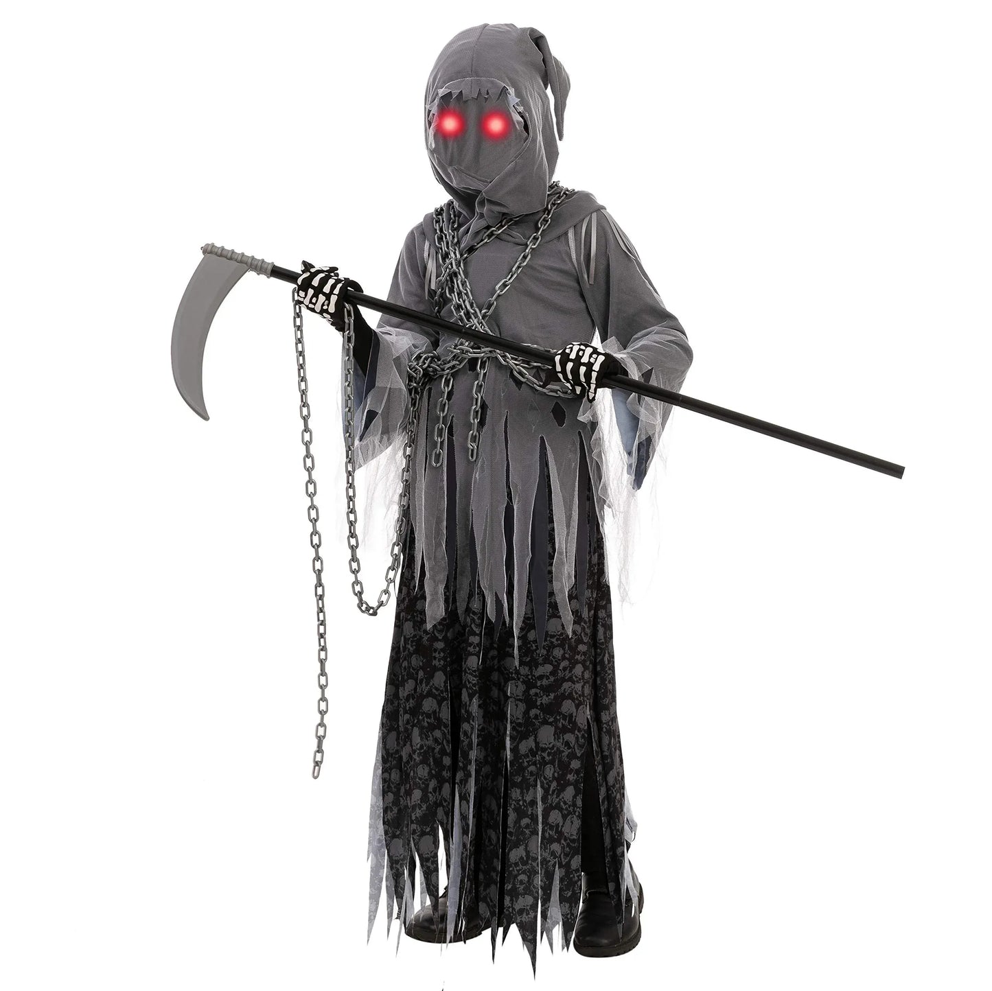 Syncfun Grim Reaper Costume for Kids, Halloween Costume with Glowing Red Eyes for Child Halloween Party Dress Up 8-14 Years