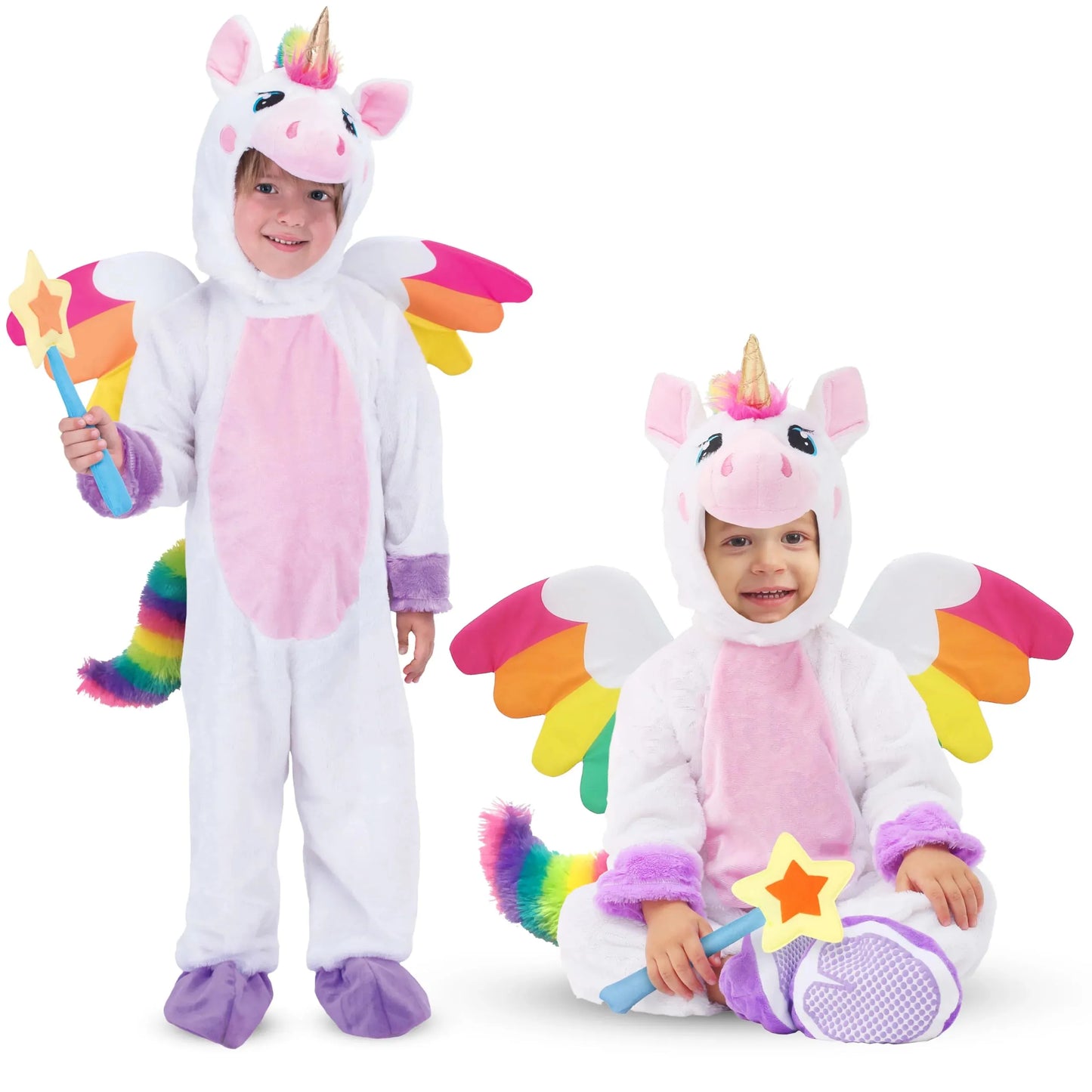 Syncfun Unicorn Costume for Kids Toddlers, One Piece Jumpsuit with Wings and Star Wand for Girls Halloween Dress Up Party 0-7 Years