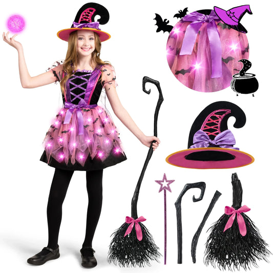 Syncfun Child Girl Light Up Witch Costume, Halloween Cosplay Dress Up (Small (5-7 yr))