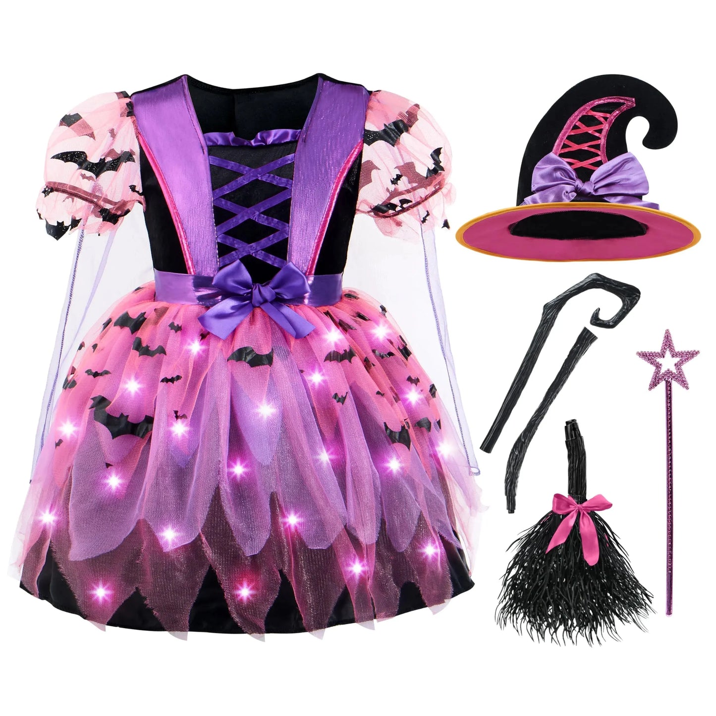 Syncfun Child Girl Light Up Witch Costume, Halloween Cosplay Dress Up (Small (5-7 yr))