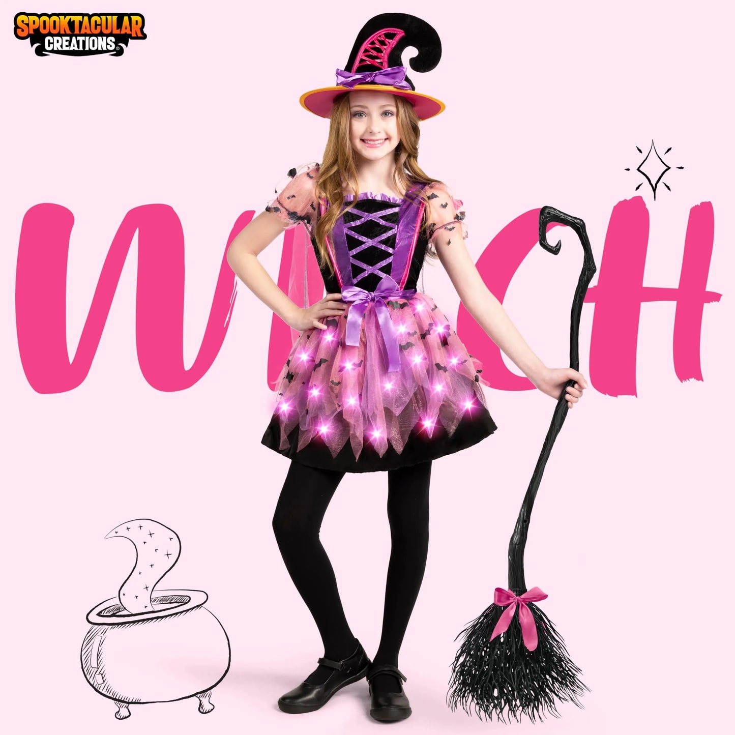 Syncfun Child Girl Light Up Witch Costume, Halloween Cosplay Dress Up (Small (5-7 yr))