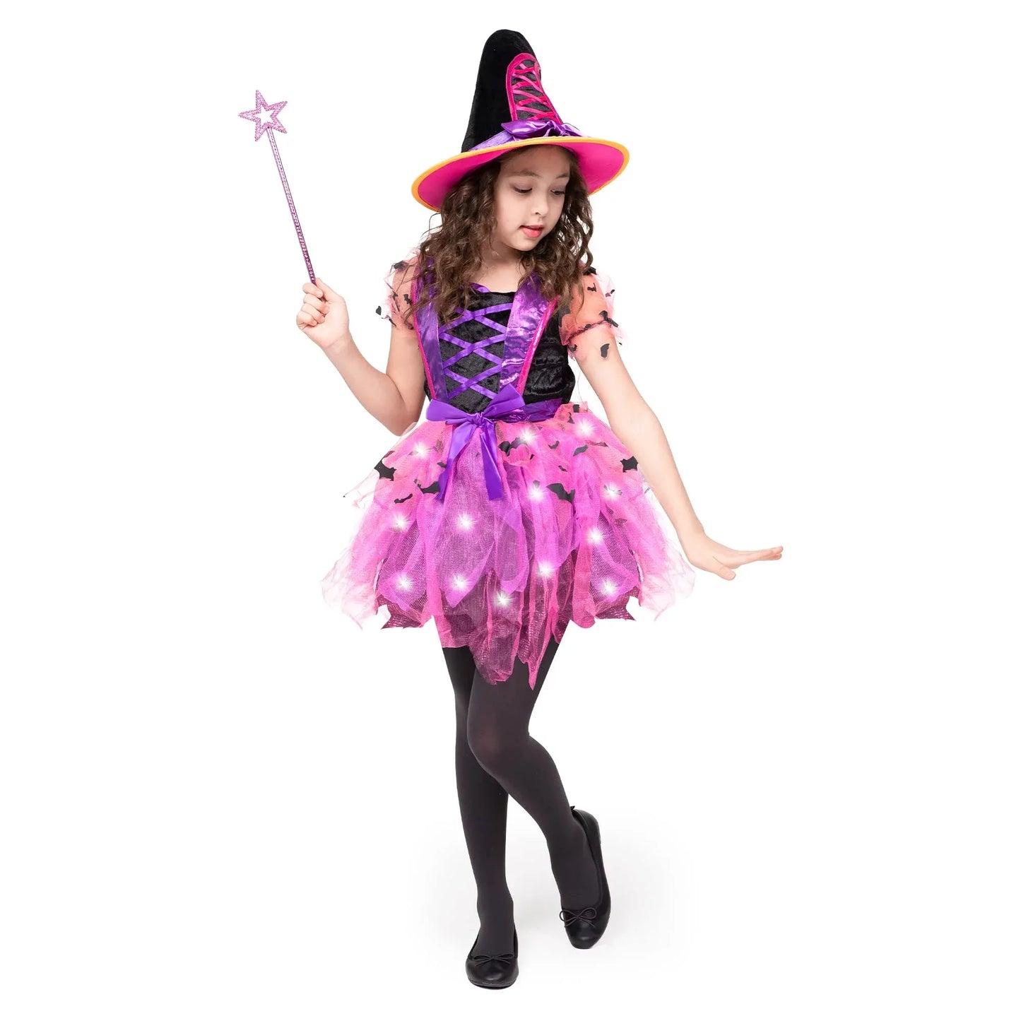 Syncfun Child Girl Light Up Witch Costume, Halloween Cosplay Dress Up (Small (5-7 yr))