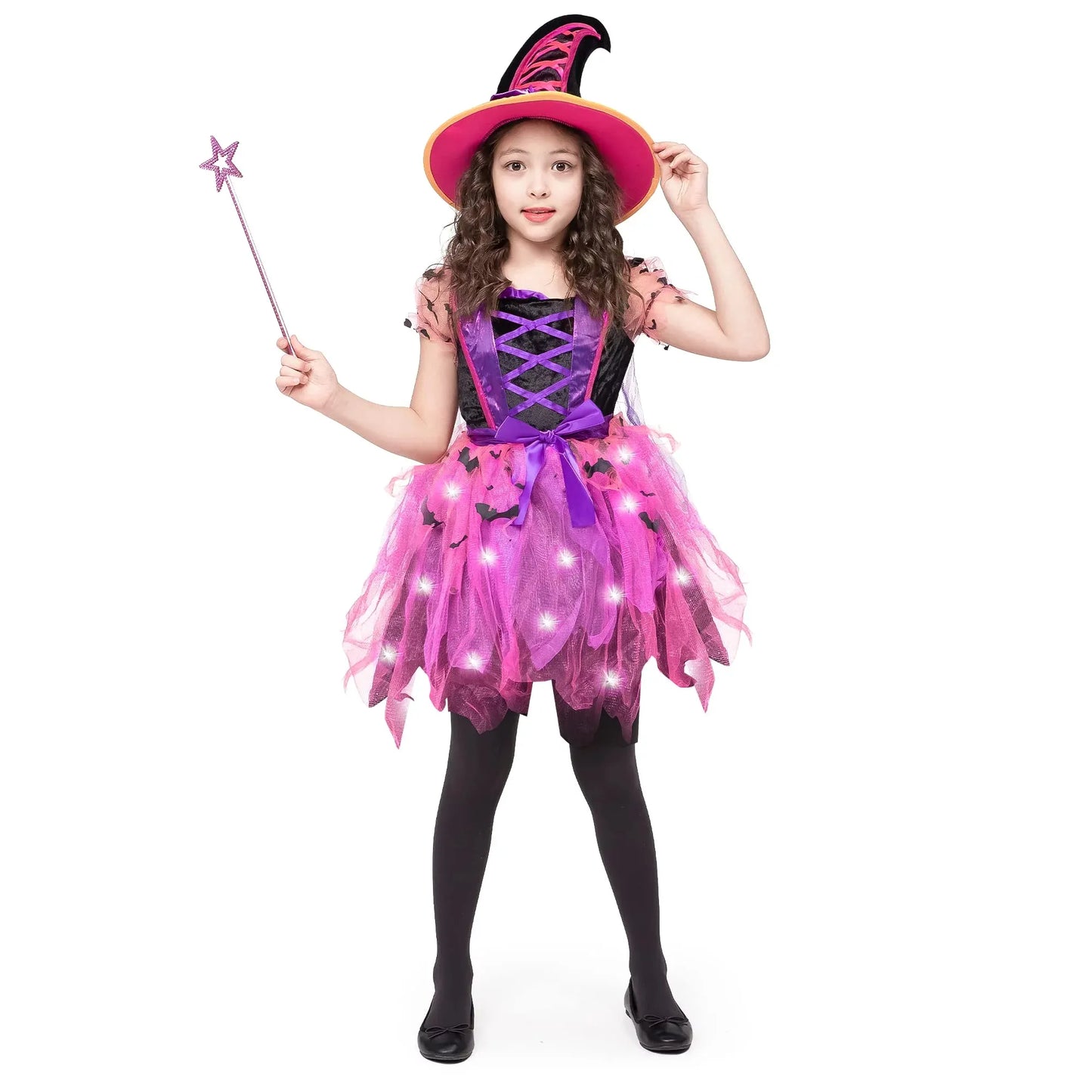 Syncfun Child Girl Light Up Witch Costume, Halloween Cosplay Dress Up (Small (5-7 yr))