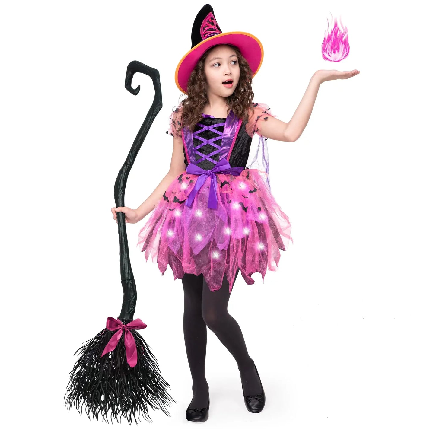 Syncfun Child Girl Light Up Witch Costume, Halloween Cosplay Dress Up (Small (5-7 yr))