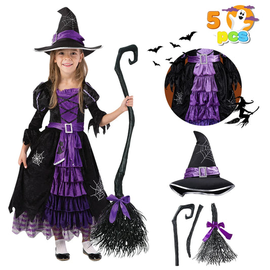 Syncfun Witch Costume Set for Girls, Halloween Fancy-Dress with Broom Hat for Toddler Kids Halloween Party Dress Up 3-14 Years